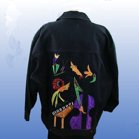 Vintage Cedars 80s Cellos Piano Art Deco Denim Jacket - Picture 7 of 8